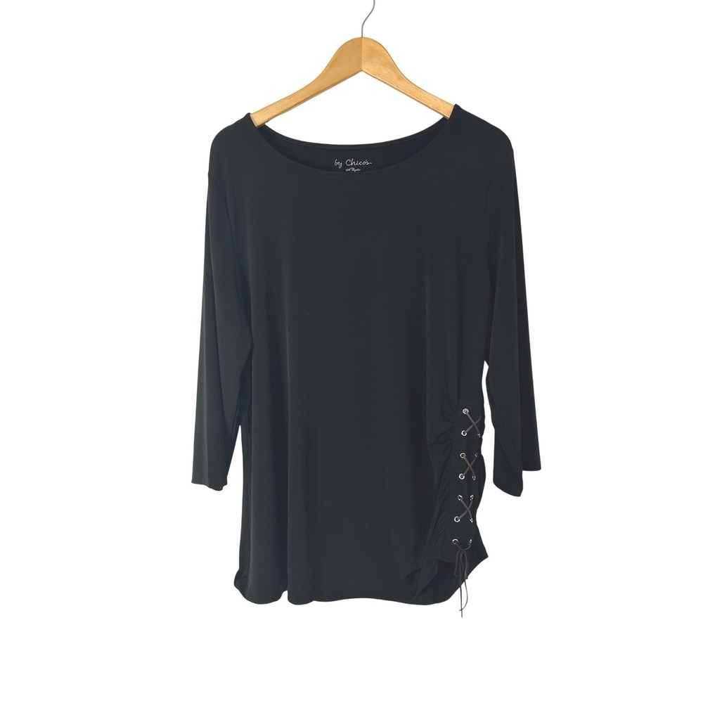 Chico's 3 Boho Black Top Lace Up Side Womens XL 3/4 Sleeve Edgy Vamp Witchy Dark